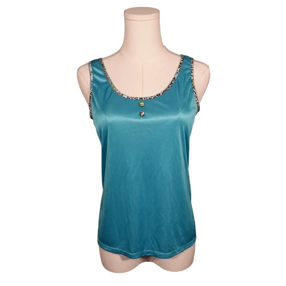Secret Treasures Teal Leopard Trim Satin Tank-Small
